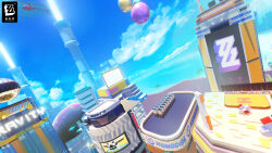 3d absurdres aircraft balloon billboard blue_sky building city cityscape cloud copyright_name dirigible dutch_angle helicopter highres logo mix_(mix233) no_humans ocean outdoors scenery sky zenless_zone_zero