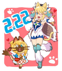 10s 1girl :d animal_ears ayuria bare_shoulders blonde_hair blue_eyes blush breasts cat cat_day cat_ears cat_tail cleavage cosplay dated detached_sleeves dress fake_animal_ears fake_tail fingerless_gloves full_body fur_collar gloves heart kneehighs leg_up long_hair looking_at_viewer meowstress meowstress_(cosplay) monster_hunter_(series) monster_hunter_stories mozuku_(mozukuojisan) navi naville_(monster_hunter_stories) open_mouth paw_pose paw_print ponytail short_dress simple_background sleeveless sleeveless_dress small_breasts smile socks tail white_background wig