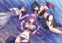 Rule 34 | 3girls, bikini, black bikini, black hair, black nails, black sarong, blue eyes, blush, bracelet, braid, breasts, commentary, demon horns, demon wings, dress, eris (princess connect!), eris (summer) (princess connect!), eyepatch, flower bracelet, hair between eyes, halterneck, highres, horns, jewelry, large breasts, long bangs, long hair, looking at viewer, low twin braids, lying, medium hair, misora (princess connect!), misora (real) (princess connect!), mononoke (pixiv53597254), multiple girls, nail polish, navel, on back, on side, parted lips, partially submerged, princess connect!, purple hair, ranpha (princess connect!), ranpha (summer) (princess connect!), red horns, red wings, sarong, see-through clothes, see-through sarong, silver bracelet, single horn, single wing, smile, sundress, swimsuit, teardrop necklace, twin braids, wet, wet clothes, wet dress, white dress, wings