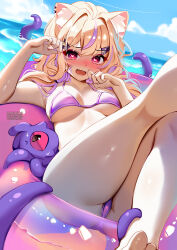 1girl afloat ahoge alheitrakzoth animal_ear_fluff animal_ears artist_name bikini blonde_hair blush breasts cat_ears cat_girl cat_tail contrail day english_text facial_mark heart heart-shaped_pupils highres indie_virtual_youtuber innertube long_hair medium_breasts multicolored_hair nose_blush open_mouth purple_bikini purple_hair red_eyes shyrei_faolan squchan streaked_hair swim_ring swimsuit symbol-shaped_pupils tail tentacles virtual_youtuber water whisker_markings