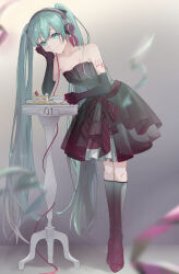 1girl absurdres aqua_eyes aqua_hair black_dress black_gloves black_shoes black_socks book cake cup dress elbow_gloves food gloves hatsune_miku headphones high_heels highres kneehighs leaning_on_object long_hair number_tattoo shoes sitonomea smile socks table tagme tattoo teacup very_long_hair vocaloid