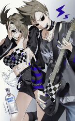 Rule 34 | 1boy, 1girl, :d, \m/, absurdres, alcohol, asymmetrical bangs, bare shoulders, bass guitar, belt, black arm warmers, black belt, black collar, black mouth, black shirt, black skirt, black socks, blue nails, blue pants, blue shirt, bottle, breasts, brown hair, chain, chain bracelet, checkered clothes, cleavage, collar, collarbone, cowboy shot, cross, cross-laced clothes, cross-laced top, cross earrings, cross necklace, denim, dual persona, dutch angle, ear piercing, earrings, eddsworld, elbow rest, eyebrow piercing, face piercing, fang, feet out of frame, gradient background, grey background, grey shirt, hair behind ear, highres, holding, holding bass guitar, holding instrument, hollow eyes, instrument, jeans, jewelry, kiyoshi st, kneehighs, layered shirt, layered sleeves, lightning bolt symbol, long sleeves, looking at viewer, medium breasts, midriff, miniskirt, music, nail polish, navel, necklace, ok sign, ok sign over eye, open mouth, pants, piercing, playing instrument, ponytail, raglan sleeves, ring, shirt, short over long sleeves, short sleeves, silver necklace, simple background, skirt, smile, socks, spiked ear piercing, standing, strapless, striped clothes, striped shirt, studded belt, tamara (eddsworld), teeth, tom (eddsworld), tongue, tongue out, tongue piercing, tube top, two-tone shirt, v-shaped eyebrows, vodka, white background, wine bottle