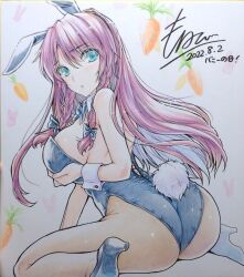 1girl absurdres alternate_costume animal_ear_hairband animal_ears areola_slip ass black_bow black_bowtie black_leotard blush bow bowtie braid breasts carrot commentary_request dated detached_collar fake_animal_ears hair_bow hairband high_heels highres hong_meiling large_breasts leotard long_hair looking_at_viewer monety playboy_bunny rabbit_ears rabbit_tail red_hair shikishi shoes signature solo strapless strapless_leotard tail touhou traditional_media twin_braids very_long_hair wrist_cuffs