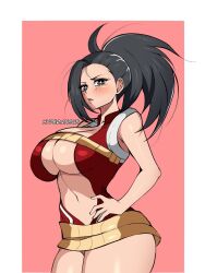 Rule 34 | 1girl, artist name, bare shoulders, blush, boku no hero academia, border, breasts, cleavage, cleavage cutout, clothing cutout, cowboy shot, hand on own hip, high ponytail, highres, hyper.rxgue, large breasts, leotard, looking at viewer, open mouth, pink background, ponytail, red leotard, solo, teeth, thighs, upper teeth only, white border, yaoyorozu momo