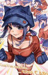 1girl animal_ear_headwear animal_ears blue_eyes blue_gloves blue_hair blue_hat blue_skirt blush breasts newsboy_cap choker cleavage closed_eyes commentary cool_mita_(miside) covering_own_mouth english_commentary english_text fake_animal_ears gloves hat highres long_hair looking_at_viewer low_ponytail medium_breasts meltyrice miside mita_(miside) multiple_views open_mouth ponytail red_choker red_shirt red_thighhighs shirt sidelocks single_bare_shoulder single_off_shoulder skirt smile sweater teardrop_facial_mark thighhighs thighs