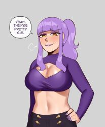 1girl absurdres black_pants breasts cleavage cleavage_cutout clothing_cutout crop_top english_text grey_background highres large_breasts long_sidelocks looking_at_viewer original pami_namal_(wingedwasabi) pants ponytail purple_hair purple_nails purple_shirt shirt sidelocks simple_background solo speech_bubble upper_body wingedwasabi yellow_eyes