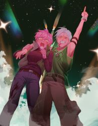 Rule 34 | 1boy, 1girl, alien stage, belt, black shirt, blood, bracelet, green shirt, grey hair, highres, jewelry, microphone, mizi (alien stage), night, night sky, over shoulder, pink hair, pointing, pointing up, rocket, shirt, short hair, sky, star (sky), till (alien stage), yellow eyes, yukima