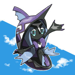 blacknirrow blue_eyes cloud full_body gen_7_pokemon half-closed_eyes legendary_pokemon nintendo no_humans outline pokemon pokemon_(creature) solo tapu_fini two-tone_background webbed_hands white_outline
