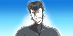 1boy akame_ga_kill! black_hair black_shirt blue_background bulat closed_eyes gradient_background male_focus naoya_(pixiv) pompadour shirt short_hair smile solo upper_body