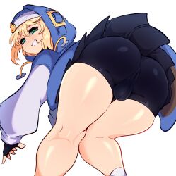 1boy absurdres androgyne_symbol androgynous aqua_eyes ass bike_shorts bike_shorts_under_skirt black_gloves black_shorts black_skirt blonde_hair bridget_(guilty_gear) bulge citez covered_anus fingerless_gloves gloves green_eyes guilty_gear guilty_gear_strive highres hood hooded_jacket huge_ass jacket long_sleeves looking_at_viewer looking_back male_focus medium_hair pleated_skirt puffy_sleeves shorts skirt solo testicles thighs trap wide_hips