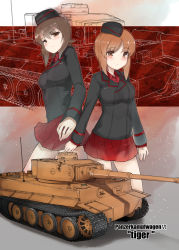 Rule 34 | 10s, 2girls, bad id, bad pixiv id, black hat, black jacket, brown eyes, brown hair, closed mouth, commentary request, cowboy shot, dress shirt, ekuesu, english text, frown, garrison cap, girls und panzer, hat, highres, jacket, kuromorimine military uniform, long sleeves, looking at viewer, military, military hat, military uniform, military vehicle, miniskirt, motor vehicle, multiple girls, nishizumi maho, nishizumi miho, pleated skirt, red shirt, red skirt, shirt, short hair, siblings, sisters, skirt, standing, tank, tiger i