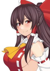 1girl ascot blush bow breasts brown_hair detached_sleeves female_focus hair_bow hair_ribbon hair_tubes hakurei_reimu kupala large_breasts leotard long_hair looking_at_viewer no_bra red_eyes ribbon ribbon-trimmed_sleeves ribbon_trim sideboob smile solo touhou white_background wrestling_outfit