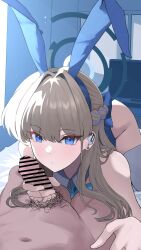 1boy 1girl absurdres animal_ears aqua_bow aqua_bowtie ass bar_censor bigpond blonde_hair blue_archive blue_eyes blue_hairband blue_halo blue_leotard bow bowtie censored clothed_female_nude_male commentary_request detached_collar earpiece fake_animal_ears hairband halo handjob hetero highres imminent_fellatio indoors leotard long_hair looking_at_viewer male_pubic_hair navel nude official_alternate_costume penis playboy_bunny pov pov_crotch pubic_hair rabbit_ears sensei_(blue_archive) solo solo_focus strapless strapless_leotard thighhighs toki_(blue_archive) toki_(bunny)_(blue_archive) white_thighhighs
