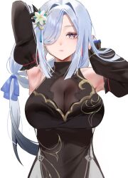 1girl absurdres arm_up armpits black_dress blue_ribbon breasts commentary detached_sleeves dress emduck genshin_impact grey_eyes hair_intakes hair_ornament hair_over_one_eye hand_up highres large_breasts long_hair long_sleeves looking_at_viewer low-tied_long_hair official_alternate_costume ribbon shenhe_(frostflower_dew)_(genshin_impact) shenhe_(genshin_impact) simple_background sleeveless sleeveless_dress solo upper_body very_long_hair white_background white_hair