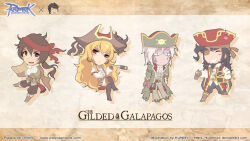 1girl 3boys ascot beard belt bicorne black_hair blonde_hair breasts brown_bandana brown_belt brown_eyes brown_hair brown_pants brown_vest character_request chibi claws cleavage closed_eyes closed_mouth coat collared_shirt commentary_request detached_sleeves eyepatch facial_hair frilled_shirt frills full_body green_vest grin hat holding holding_telescope international_talk_like_a_pirate_day jacques_peco jewelry kunknee long_hair medium_breasts multiple_boys necklace official_art open_mouth pants pirate poring ragnarok_online red_coat red_headwear scar shirt shoelace_sean short_hair smile sword telescope vest wavy_hair weapon white_ascot white_hair white_shirt white_sleeves william_rotator