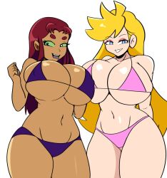 2girls arms_behind_back bikini blonde_hair blue_eyes breasts cleavage crossover curvy dc_comics green_eyes grin highres huge_breasts iggybomb legs long_hair looking_at_viewer makeup multiple_girls naughty_face navel panty_&amp;_stocking_with_garterbelt panty_(psg) pink_bikini purple_bikini red_hair smile starfire swimsuit teen_titans thick_thighs thighs tongue tongue_out very_long_hair