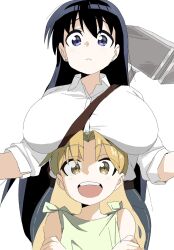 Rule 34 | 2girls, :d, arato nagi, behind another, belt, between breasts, black hair, blonde hair, blue eyes, blush, breast rest, breasts, breasts on head, closed mouth, collared shirt, cowboy shot, denim, dress shirt, earrings, famichiki 100, frown, furrowed brow, green shirt, hammer, hashtag-only commentary, height difference, highres, jeans, jewelry, large breasts, long hair, multiple girls, open mouth, pants, ruri no houseki, shirt, shirt tucked in, simple background, sleeveless, sleeveless shirt, smile, standing, strap between breasts, stud earrings, tanigawa ruri, teeth, upper body, upper teeth only, white background, white shirt, yellow eyes