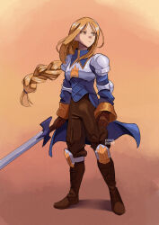 absurdres agrias_oaks armor artist_name boots breastplate brown_boots brown_gloves brown_pants commentary eenakulot english_commentary final_fantasy final_fantasy_tactics floating_hair full_body gloves highres holding holding_sword holding_weapon long_hair long_sleeves orange_background pants pauldrons shoulder_armor simple_background sword very_long_hair weapon yellow_eyes