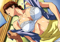 00s 1girl blush bow bow_bra bra breasts brown_hair cirima clothes_lift dutch_angle closed_eyes hikaru_no_go housewife huge_breasts lace lace_bra large_breasts lingerie long_hair lowres lying male_hand mature_female mitsuko_sanrakugaki on_back on_floor open_clothes open_mouth open_shirt panties pencil_skirt pillow pov shindou_mitsuko shirt short_hair skirt skirt_lift sleeveless solo_focus sweat tatami underwear volvox white_panties