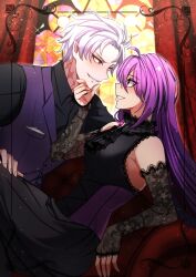 Rule 34 | 1boy, 1girl, add (elsword), ahoge, aisha landar, ascot, bare shoulders, black ascot, black dress, black shirt, border, breasts, collared shirt, commentary, couch, cowboy shot, curtains, detached sleeves, dress, elsword, eye contact, face-to-face, fishnet sleeves, fishnets, gem, grin, hair between eyes, hair slicked back, hand on another&#039;s chin, hand on another&#039;s thigh, hetero, highres, light particles, long hair, long sleeves, looking at another, male focus, medium breasts, myagarin, nail polish, on couch, ornate border, pink gemstone, pocket square, pointy ears, profile, purple eyes, purple hair, purple nails, purple vest, scar, scar on neck, shirt, short hair, sitting, sleeveless, sleeveless dress, sleeves past wrists, smile, stained glass, symbol-only commentary, upper body, vest, white hair