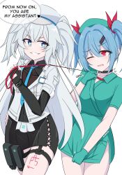 2girls ;o absurdres black_choker black_gloves black_skirt blue_eyes blue_hair blue_necktie blush choker colphne_(girls&#039;_frontline_2) cross-laced_clothes cross-laced_skirt dress elbow_gloves english_text fingerless_gloves florence_(girls&#039;_frontline_2) girls&#039;_frontline girls&#039;_frontline_2:_exilium gloves green_dress green_gloves grin hair_between_eyes hair_ornament hairclip hand_up hat heart heart-shaped_pupils highres hip_focus holding holding_leash holster jacket leash leash_pull long_hair miniskirt multiple_girls necktie nurse nurse_cap one_eye_closed pa-15_(girls&#039;_frontline) red_eyes risu_(risu028) skirt smile symbol-shaped_pupils thigh_holster thighs traditional_media twintails very_long_hair white_hair white_hat white_jacket