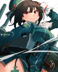 Rule 34 | 1girl, ascot, beret, black gloves, black hair, blue hat, blush, breasts, garter straps, gloves, hat, highres, kantai collection, large breasts, looking at viewer, military, military uniform, red eyes, rigging, ship turret, short hair, signature, skirt, smile, sunday aki, takao (kancolle), upper body, white background