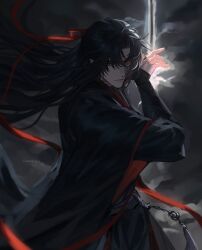 1boy absurdres artist_name black_hair black_hanfu blurry blurry_foreground chinese_clothes closed_mouth cloud dark_clouds depth_of_field hair_ribbon hanfu highres kannbergri long_hair long_sleeves looking_at_viewer male_focus modao_zushi red_eyes red_ribbon ribbon serious solo standing tassel wei_wuxian wei_wuxian_(yiling_laozu) wide_sleeves