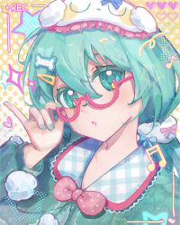 Rule 34 | 1girl, :o, absurdres, adjusting eyewear, alternate hairstyle, aqua eyes, aqua hair, aqua nails, blush, bone hair ornament, bow, commentary, english commentary, glasses, green pajamas, hair between eyes, hair ornament, hair scrunchie, hairclip, halftone, halftone background, hatsune miku, highres, hongye (philomel), long sleeves, looking at viewer, low ponytail, pajamas, parted lips, pink-framed eyewear, pink bow, pinky out, plaid clothes, plaid pajamas, pom pom (clothes), ponytail, portrait, scrunchie, semi-rimless eyewear, sleep mask, solo, three quarter view, vocaloid
