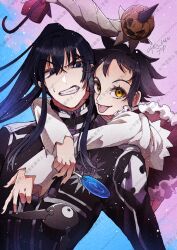 Rule 34 | 1boy, 1girl, 2others, annoyed, arms around neck, badge, black hair, black jacket, black nails, black order uniform, blue background, blue eyes, blue hair, candy, creature, cross, d.gray-man, emblem, fang, floating hair, flustered, food, frilled shirt, frills, fur-trimmed skirt, fur trim, golem (d.gray-man), gradient background, gradient hair, grey umbrella, hair between eyes, high ponytail, highres, holding, holding candy, holding food, holding lollipop, hug, hug from behind, jacket, kanda yuu, lero, lollipop, long hair, long sleeves, looking at another, looking at viewer, miniskirt, multicolored hair, multiple others, noah (d.gray-man), one-eyed, ponytail, pumpkin, purple background, purple hair, purple skirt, road kamelot, shirt, short hair, sidelocks, signature, skirt, spiked hair, striped clothes, striped jacket, sweat, sweatdrop, teeth, tongue, tongue out, two-tone background, umbrella, uyu ww, vertical-striped clothes, vertical-striped jacket, white shirt, white stripes, wings, yellow eyes