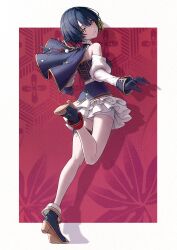 1girl absurdres armillarphere_v black_gloves black_hair breasts capelet colored_inner_hair detached_sleeves from_behind full_body glint gloves hair_between_eyes hashtag-only_commentary high_heels highres light_blush looking_at_viewer looking_back medium_breasts midriff multicolored_hair nijisanji nijisanji_idol_uniform red_hair short_hair shorts shorts_under_skirt smile solo standing standing_on_one_leg thigh_strap virtual_youtuber white_shorts yamagami_karuta yellow_eyes