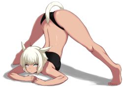 1girl animal_ears bandeau bare_shoulders barefoot black_panties blind breasts cat_ears cat_tail dark-skinned_female dark_skin facial_mark feet final_fantasy final_fantasy_xiv flexible full_body grey_eyes highres jack-o&#039;_challenge kaname_nagi legs looking_at_viewer medium_breasts meme miqo&#039;te panties shadow short_hair simple_background solo spread_legs tail toes top-down_bottom-up underwear whisker_markings white_background white_hair wide_spread_legs y&#039;shtola_rhul