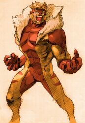 1boy abs beard bengus blonde_hair capcom claws facial_hair fangs fangs_out game_cg highres large_pectorals male_focus marvel marvel_vs._capcom marvel_vs._capcom_2 muscular muscular_male no_pupils non-web_source pectorals sabertooth_(x-men) scan short_hair sideburns solo teeth