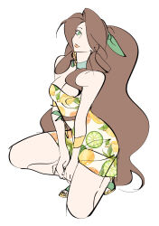 1girl absurdres aerith_gainsborough aerith_gainsborough_(citric_dress) bare_shoulders bracelet breasts brown_hair choker cleavage dress earrings final_fantasy final_fantasy_vii final_fantasy_vii_ever_crisis food-themed_earrings food_print food_themed_earrings fruit_print full_body green_choker green_eyes green_ribbon hair_over_one_eye hair_ribbon half_updo high_heel_sandals highres jewelry long_hair looking_at_viewer medium_breasts mianmian741 official_alternate_costume on_one_knee orange-shaped_earrings orange_print parted_bangs print_dress ribbon sandals short_dress sidelocks sketch solo toeless_footwear v_arms wavy_hair white_background