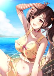 Rule 34 | 1girl, azuma yuki, beach, bikini, blue sky, breasts, brown eyes, brown hair, choker, cloud, commentary request, day, hammock, highres, idolmaster, idolmaster shiny colors, large breasts, looking at viewer, navel, ocean, outdoors, sky, solo, sonoda chiyoko, swimsuit, twintails, wet, yellow bikini