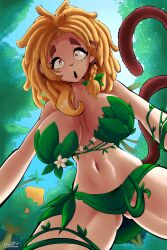 1girl absurdres animal_ears bananajuju blonde_hair breasts brown_eyes brown_tail cleavage day dreadlocks forest from_below highres indie_virtual_youtuber large_breasts leaf leaf_bra leaf_panties leaf_print long_hair looking_at_viewer lunatik_draw monkey_ears monkey_girl monkey_tail nature navel open_mouth outdoors panties plant_clothing print_panties solo tail tree underwear virtual_youtuber