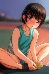 1girl black_hair black_shoes blush brown_eyes cloud collarbone green_shirt green_shorts looking_at_viewer matsunaga_kouyou open_mouth original panties panty_peek polka_dot polka_dot_panties running_track shirt shoes short_hair shorts sitting sky tank_top underwear white_panties