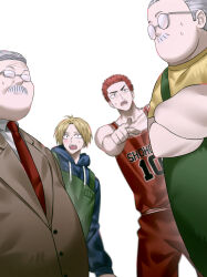 Rule 34 | 4boys, absurdres, anzai mitsuyoshi, apron, basketball jersey, basketball uniform, blue hoodie, blue sweater, brown jacket, buzz cut, crossover, dutch angle, facial hair, formal clothes, glasses, gomang1201, green apron, highres, hood, hooded sweater, hoodie, jacket, look-alike, multiple boys, mustache, necktie, red hair, red necktie, red tank top, sakamoto days, sakamoto taro, sakuragi hanamichi, shin (sakamoto days), short hair, simple background, slam dunk (series), sportswear, suit, sweater, tank top, very short hair, white background