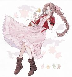 aerith_gainsborough bangle boots bracelet breasts brown_footwear brown_hair chocobo choker cropped_jacket dress final_fantasy final_fantasy_vii final_fantasy_vii_remake flower flower_basket flower_choker frilled_dress frills full_body green_eyes hair_ribbon hand_on_own_face highres holding holding_flower jacket jewelry knees_together_feet_apart light_blush long_dress long_hair looking_at_viewer moogle nocoyaki parted_bangs pink_dress pink_ribbon red_jacket ribbon sabotender short_sleeves sidelocks small_breasts square_enix tonberry wavy_hair white_background white_flower yellow_flower
