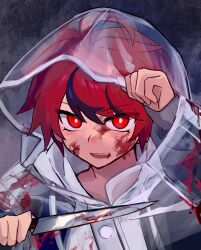 1boy ahoge black_hair blood blood_on_clothes blood_on_face bloody_knife bloody_weapon fingernails grey_background hair_between_eyes hands_up highres holding holding_knife holding_weapon knife looking_at_viewer male_focus messy_hair multicolored_hair open_mouth red_eyes red_hair simple_background solo solo_focus sumino_takumi takumi-g_(hundred_line) the_hundred_line_-last_defense_academy- upper_body weapon