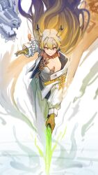 1girl 1other arknights bare_shoulders bead_necklace beads blonde_hair breasts closed_mouth collarbone dragon dragon_girl dragon_horns earrings eastern_dragon eastern_dragon_horns gloves highres holding holding_sword holding_weapon horns jewelry long_hair long_sleeves medium_breasts necklace open_mouth pointy_ears shu_(arknights) smile strapless sword taoxisama tube_top weapon white_tube_top yellow_gloves