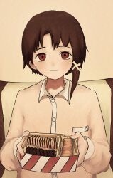 1girl absurdres asymmetrical_hair box brown_eyes brown_hair buttons closed_mouth commentary cookie english_commentary food hair_ornament highres holding holding_box iwakura_lain looking_at_viewer luce65535 pajamas pink_pajamas pov sepia sepia_background serial_experiments_lain short_hair single_sidelock sitting smile solo upper_body x_hair_ornament