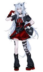 1girl ;p absurdres alternate_costume animal_ears arknights arm_warmers bare_shoulders belt belt_buckle belt_collar black_belt black_collar black_leg_warmers black_nails black_shirt blue_eyes buckle casual chain chain_necklace chinese_commentary closed_mouth collar commentary_request cross cross_necklace crossed_bangs fingernails full_body grey_hair grey_tail hair_between_eyes hand_on_own_hip highres jewelry jirai_kei lappland_(arknights) latin_cross leg_warmers long_hair looking_at_viewer material_growth miniskirt nail_polish necklace off_shoulder one_eye_closed oripathy_lesion_(arknights) plaid_arm_warmers red_arm_warmers red_pupils red_skirt scar scar_across_eye scar_on_face shirt short_sleeves simple_background sketch skirt smile solo standing t-shirt tail thigh_belt thigh_strap tongue tongue_out white_background wolf_ears wolf_girl wolf_tail zhishi_mao_tiao