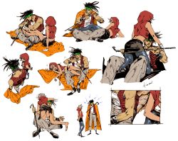 1boy 1girl bad_id bad_pixiv_id barefoot black_hair breasts cane cleavage dark-skinned_male dark_skin earrings closed_eyes grey_hair headband hood hoop_earrings indian_style jewelry jojo_no_kimyou_na_bouken kotteri crossed_legs mariah_(jojo) multiple_views muscular n&#039;doul no_shoes pantyhose signature sitting skirt white_background