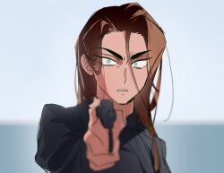 1girl aiming aiming_at_viewer alien_stage black_shirt brown_hair commentary cosplay dark-skinned_female dark_skin furrowed_brow grey_eyes gun hashtag-only_commentary highres holding holding_gun holding_weapon hwang_jun-ho hwang_jun-ho_(cosplay) hyuna_(alien_stage) long_hair nikuman_0bun shirt solo squid_game weapon