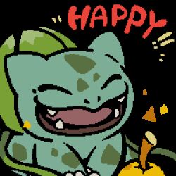 amehatobook animated animated_gif berry_(pokemon) bulbasaur closed_eyes eating english_text gen_1_pokemon happy holding lowres nintendo no_humans open_mouth plant pokemon pokemon_(creature) sitrus_berry solo transparent_background vines
