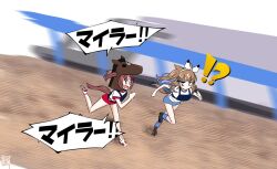!? 2girls almond_eye_(umamusume) alternate_costume animal_ears blue_eyes blurry blurry_background breasts brown_hair buruma commentary_request gran_alegria_(umamusume) hair_between_eyes hair_ornament hairband horse_ears horse_tail leg_up long_hair medium_breasts multiple_girls open_mouth parody running screaming shoes tail torikai_a umamusume x_hair_ornament