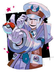 1boy absurdres blue_necktie border coat creatures_(company) emmet_(pokemon) game_freak glint gloves grey_eyes grey_hair highres holding holding_poke_ball long_sleeves looking_ahead male_focus necktie nintendo onigiri_(ahku5522) poke_ball poke_ball_(basic) pokemon pokemon_bw star_(symbol) striped_coat white_border white_gloves