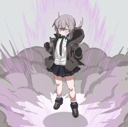 1girl ahoge ankle_socks black_gloves black_necktie black_skirt blush brown_jacket brown_shoes collared_shirt double-parted_bangs dragon_ball dragonball_z dress_shirt energy floating full_body girls&#039;_frontline gloves grey_hair hair_between_eyes headphones headphones_around_neck highres hood hood_down hooded_jacket jacket looking_ahead low_ponytail m200_(girls&#039;_frontline) miniskirt necktie open_clothes open_jacket pleated_skirt ponytail pout powering_up purple_eyes purple_socks scene_reference shirt shoes sidelocks simple_background skirt smart_oval smoke socks solo white_background white_shirt