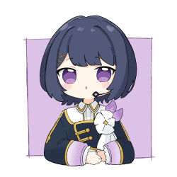 1girl black_hair black_jacket blush_stickers chibi collared_shirt commentary cropped_torso dress_shirt flower hair_ornament hairclip highres jacket koshimizu_toru long_sleeves looking_at_viewer nijisanji nozo_(hitomiz) own_hands_together parted_lips purple_background purple_eyes shirt short_hair solo two-tone_background upper_body virtual_youtuber white_background white_flower white_shirt x_hair_ornament