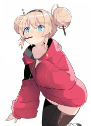 1girl @_@ black_hairband black_shoes black_thighhighs blonde_hair blue_eyes collarbone crying crying_with_eyes_open double_bun food food_in_mouth hair_bun hairband highres jacket original pa._(tatuya28001) pocky pocky_in_mouth red_jacket shoes sidelocks simple_background socks tears thighhighs white_background white_socks wide_sleeves